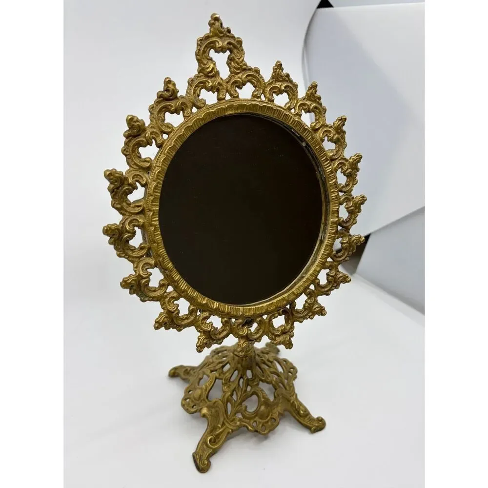 Vintage Ornate Brass Standing Adjustable Swivel Makeup Vanity Mirror Frame Swive